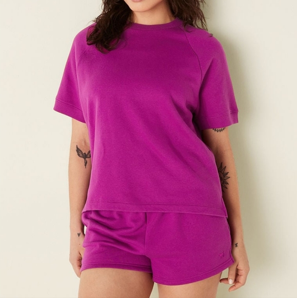 Victoria's secret pink fleece short sleeve Cozy crewneck sweatshirt MEDIUM - Picture 1 of 11